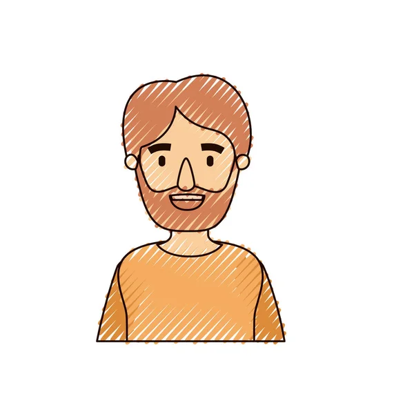 Cor crayon stripe caricatura metade do corpo homem barbudo — Vetor de Stock