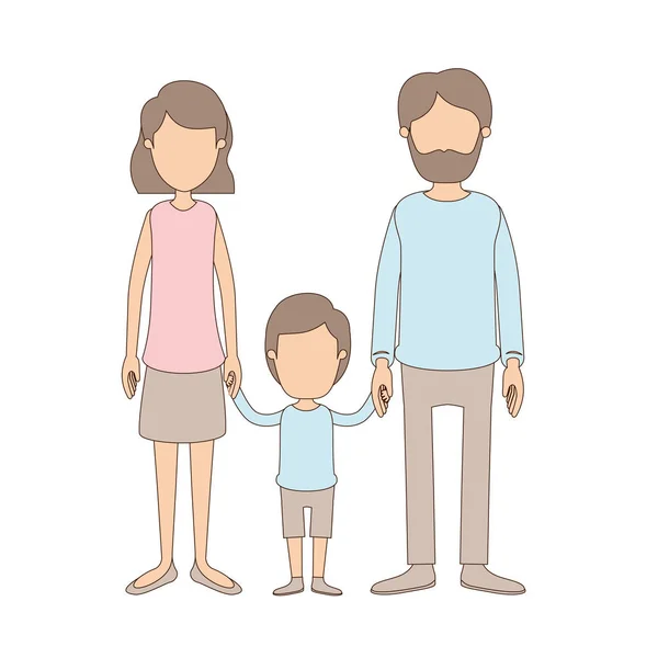 Lichte kleur karikatuur faceloze familie met vader bebaarde en mam met kort haar met kleine jongen genomen handen — Stockvector