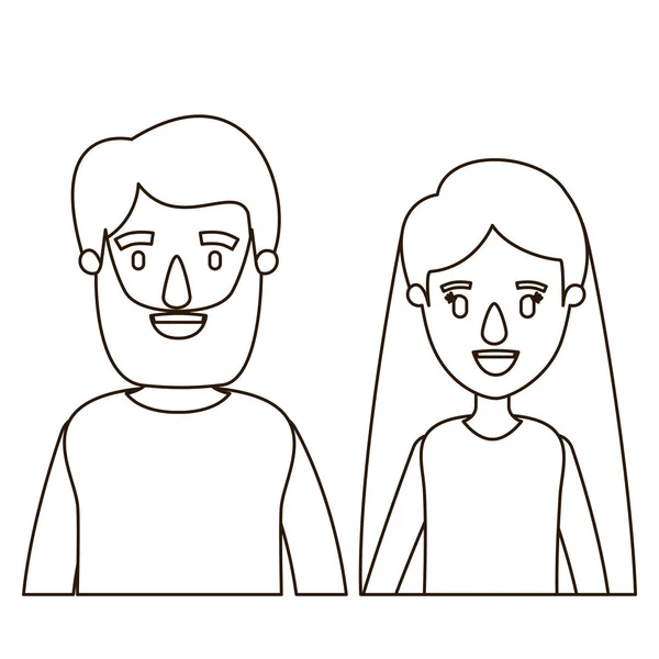Skizze Kontur Karikatur Halbkörper Paar Frau mit langen Haaren und bärtigen Mann — Stockvektor