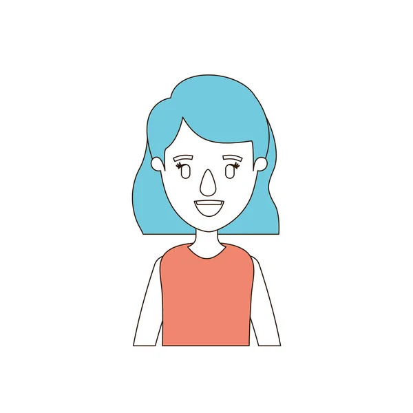 Secciones de color caricatura y cabello azul de mujer de medio cuerpo con peinado ondulado corto — Vector de stock