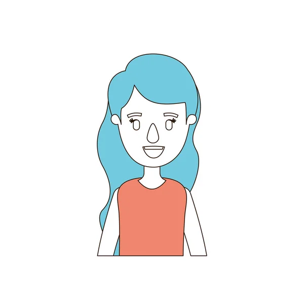 Sections de couleur caricature et les cheveux bleus de la femme demi-corps avec une coiffure longue ondulée — Image vectorielle