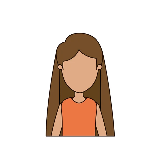 Caricature colorée sans visage vue de face demi-corps femme avec de longs cheveux raides — Image vectorielle
