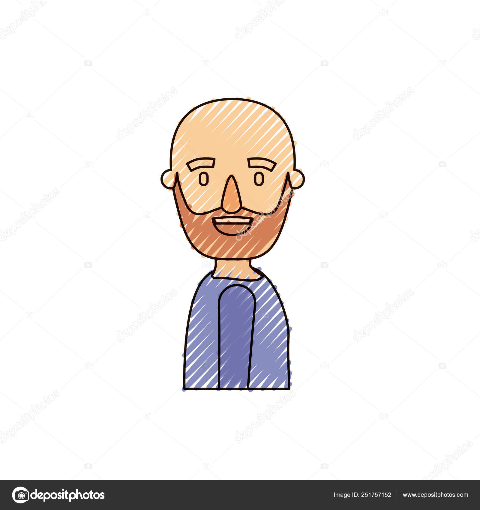 Color crayon stripe caricature side view bald man bearded with t-shirt  Stock Vector Image by ©grgroupstock #251757152