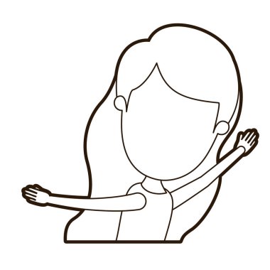 Uzun dalgalı saç ve eller yukarı siyah kalınsız kontur karikatür yarı vücut kız yüz