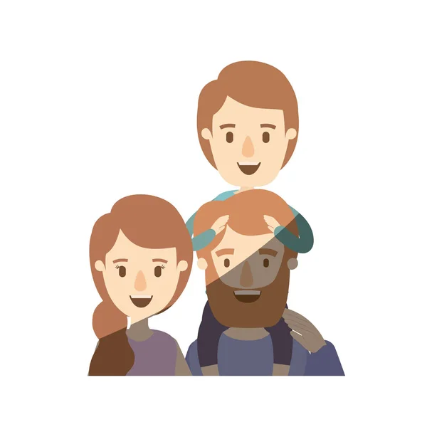 Cor clara sombreamento caricatura metade do corpo família pais com menino em suas costas —  Vetores de Stock