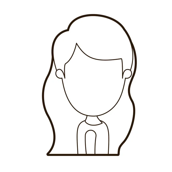 Черный толстый контур карикатуры безликая боковой вид наполовину тело девушка с длинными волнистыми волосами — стоковый вектор