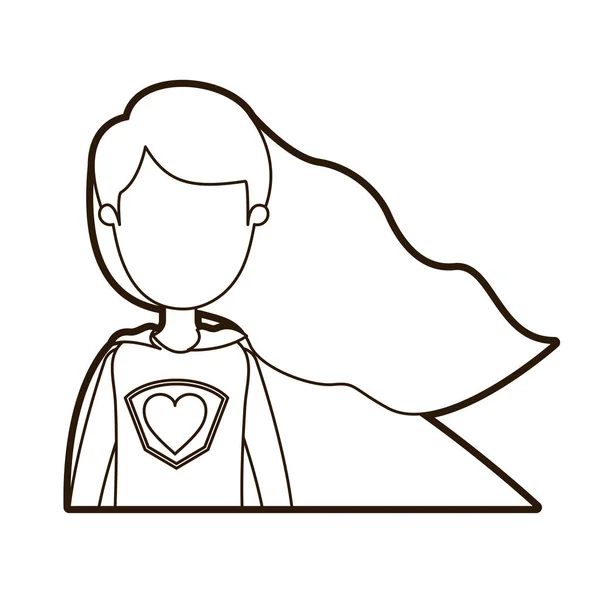 Hitam tebal kontur karikatur wajah setengah tubuh super pahlawan wanita dengan rambut panjang bergelombang - Stok Vektor