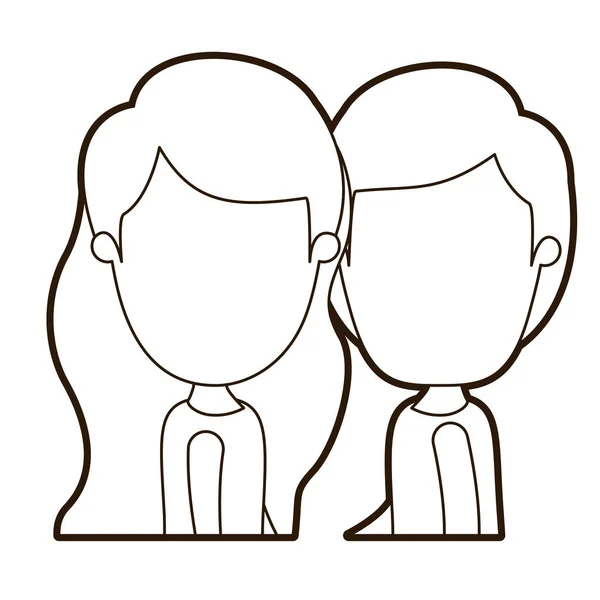 Nero spessore contorno caricatura senza volto lato vista mezzo corpo coppia bambini — Vettoriale Stock