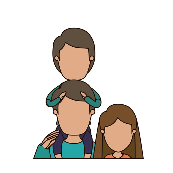 Caricatura colorida sem rosto metade do corpo família mãe e pai com menino de costas — Vetor de Stock