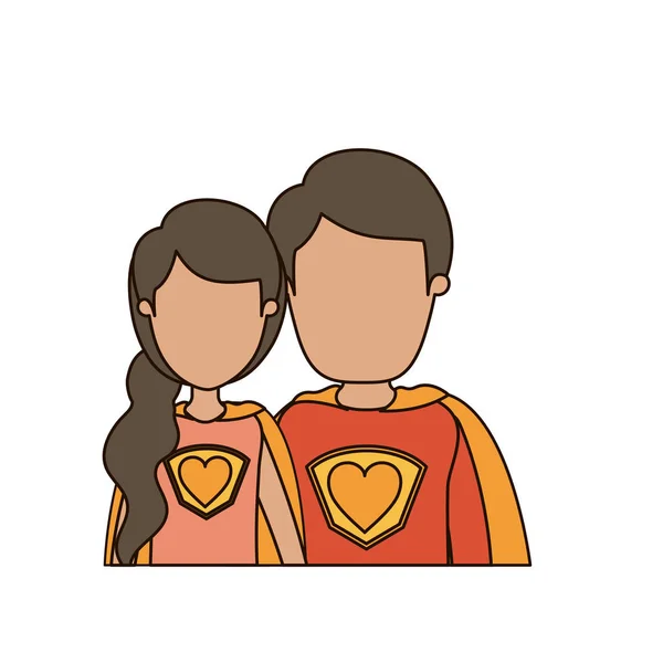 Colorido caricatura sin rostro medio cuerpo joven pareja hembra y macho super héroe con símbolo del corazón en uniforme — Vector de stock