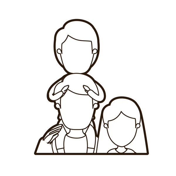 Negro grueso contorno caricatura sin rostro medio cuerpo familia madre y padre con niño en su espalda — Vector de stock