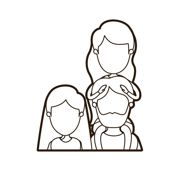 Black thick contour caricature faceless front view half body family parents with girl on his back — Stock Vector