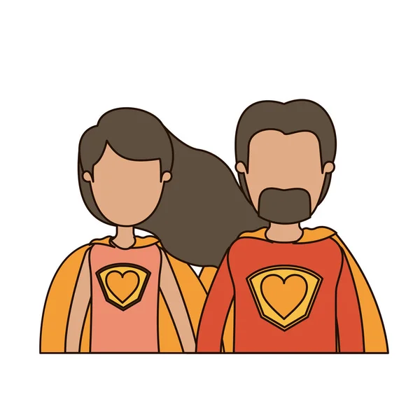 Kleurrijke karikatuur faceloze half body paar superheld met hartsymbool in uniform — Stockvector