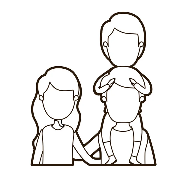 Черный толстый контур карикатуры безликий вид спереди половина тела молодых родителей семьи с мальчиком на спине — стоковый вектор