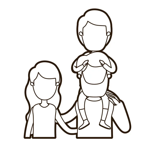 Чорний товстий контур карикатура безликий вид спереду половина тіла сім'ї з хвилястим довгим волоссям жінка і бородатий чоловік з хлопчиком на спині — стоковий вектор
