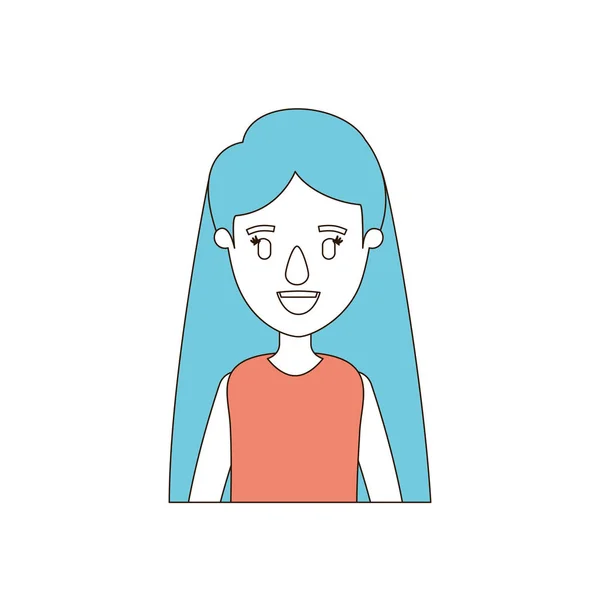 Karikatur-Farbausschnitte und blaues Haar einer Halbkörperfrau mit langer glatter Frisur — Stockvektor