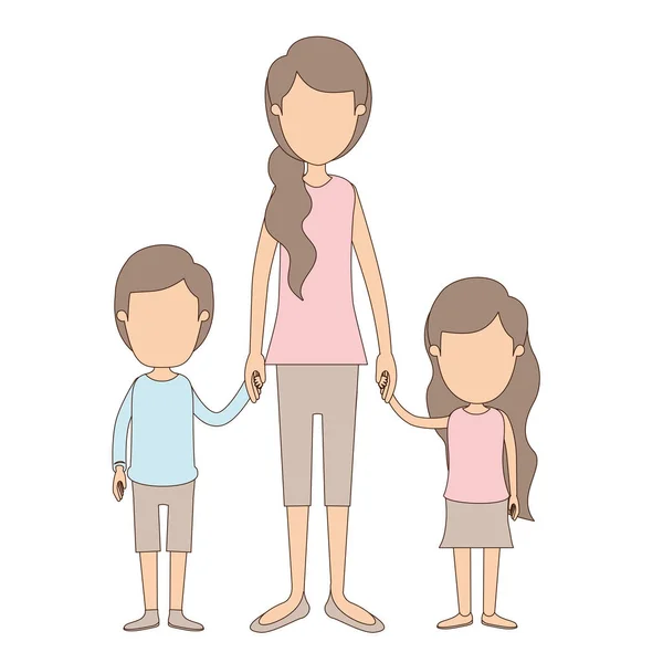 Lichte kleur karikatuur faceloze full body moeder genomen hand met kinderen — Stockvector