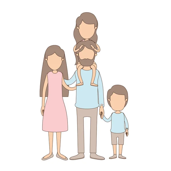 Luz color caricatura sin rostro familia padres con chica en su espalda y chico tomado de las manos — Vector de stock