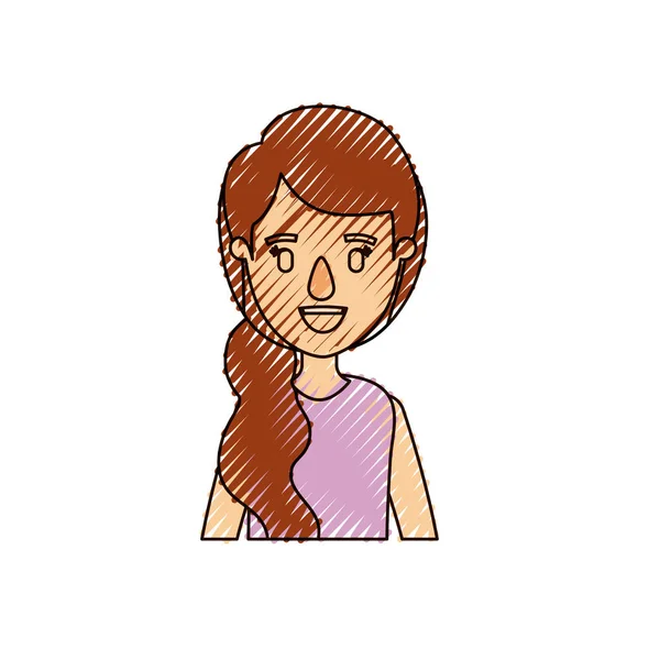 Warna krayon stripe karikatur setengah tubuh wanita dengan rambut ekor kuda samping - Stok Vektor