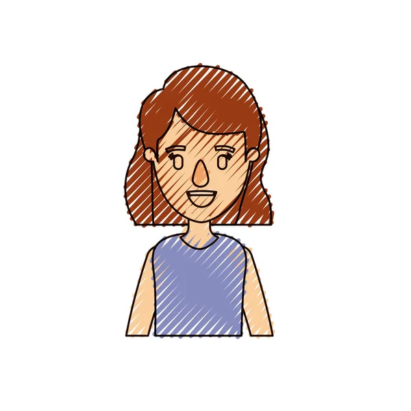 Warna krayon stripe karikatur setengah tubuh wanita dengan rambut bergelombang pendek - Stok Vektor