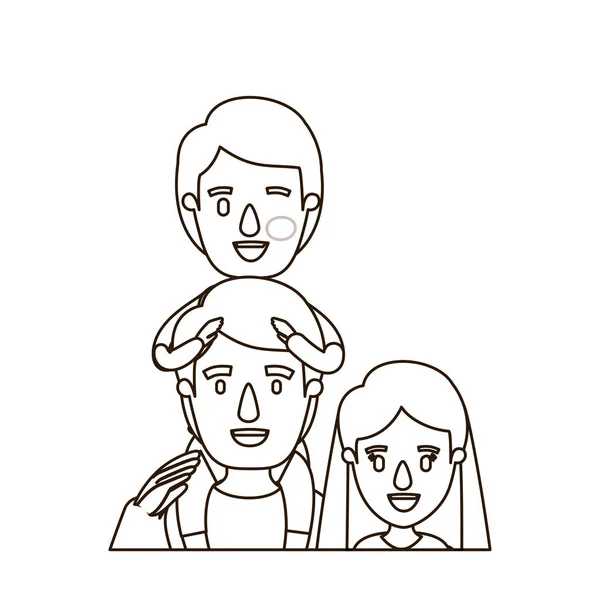 Esboço contorno caricatura metade corpo família mãe e pai com menino em suas costas —  Vetores de Stock