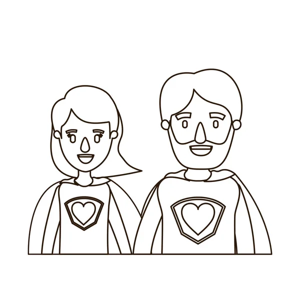 Skizze Kontur Karikatur Halbkörper Paar Eltern Superhelden mit Herz-Symbol in Uniform — Stockvektor