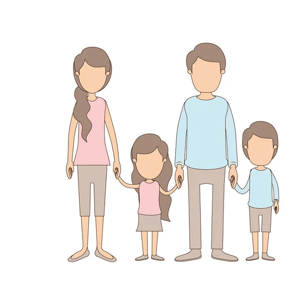 Ljus färg karikatyr ansiktslös familj med unga föräldrar och små barn tagit hand — Stock vektor