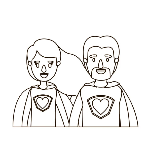Szkic karykatura kontur pół ciało para super bohater z symbolem serca w mundurze — Wektor stockowy