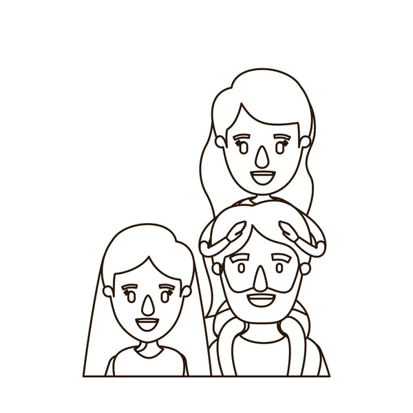Ескізний контур карикатура половина тіла сім'ї батьків з дівчиною на спині — стоковий вектор