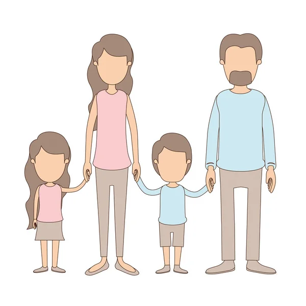 Couleur claire caricature sans visage groupe familial avec parents et enfants pris en main — Image vectorielle