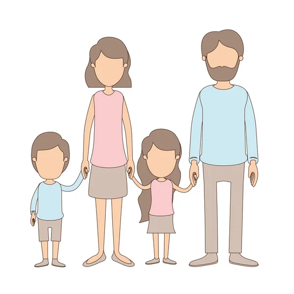 Lichte kleur karikatuur faceloze familiegroep met ouders en kleine kinderen genomen handen — Stockvector