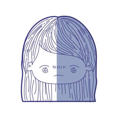 düz saç ve yüz ifadesi ile Kawaii baş küçük kız mavi gölgelendirme siluet bored