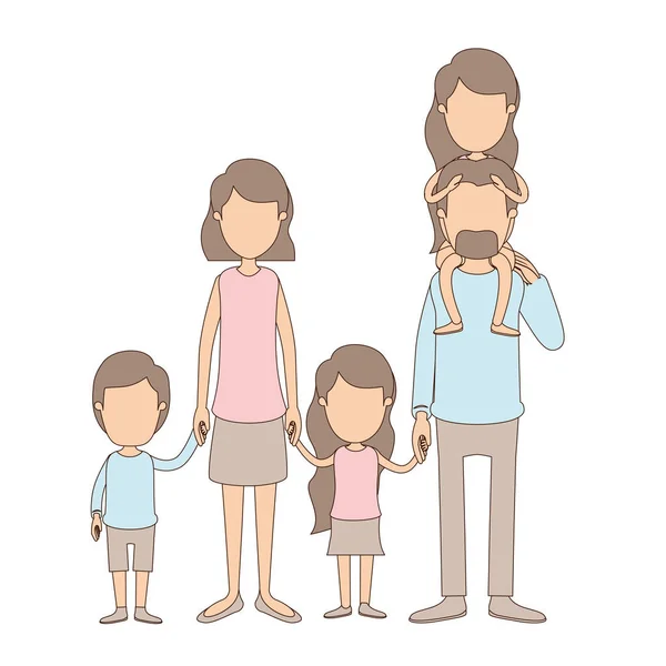 Світлий колір карикатури безликі великі батьки сім'ї з дівчиною на спині і діти взяті руки — стоковий вектор