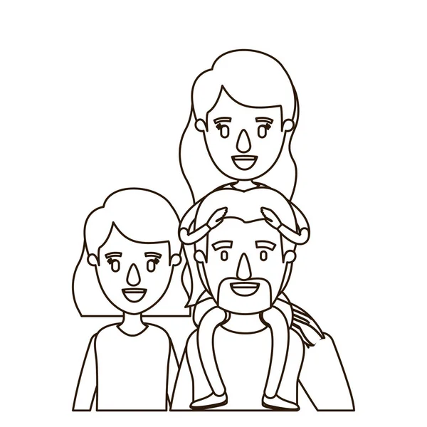 Esboço contorno caricatura metade corpo grande família pais com menina em suas costas —  Vetores de Stock