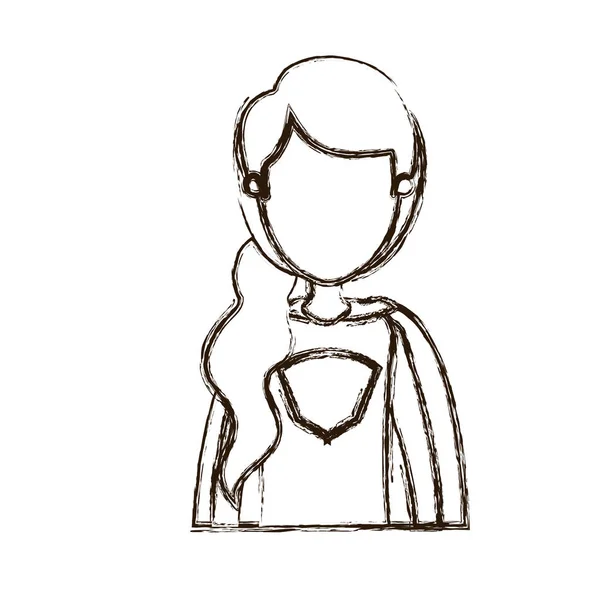 Blurred tebal siluet karikatur wajah setengah tubuh super wanita dengan rambut samping ekor kuda gaya rambut - Stok Vektor