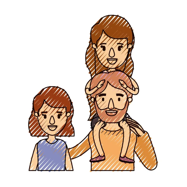 Couleur crayon bande caricature demi corps famille avec cheveux courts femme et barbu homme avec fille sur son dos — Image vectorielle