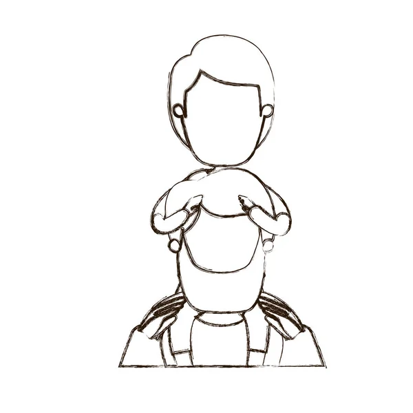 Rozostřený tenký obrys karikatury bez tváře pohled z poloviny tělo vousatý otec s chlapcem na zádech — Stockový vektor