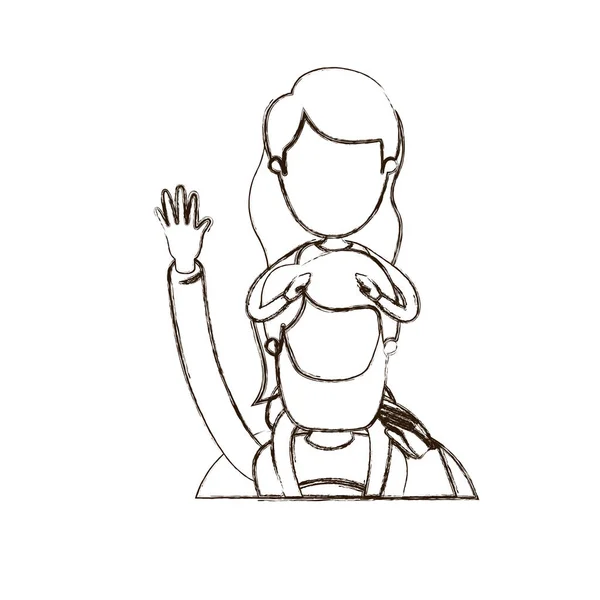 Θολό λεπτό περίγραμμα καρικατούρα χωρίς πρόσωπο μισό σώμα Super μπαμπά ήρωα χαιρετισμό με το κορίτσι στην πλάτη του — Διανυσματικό Αρχείο