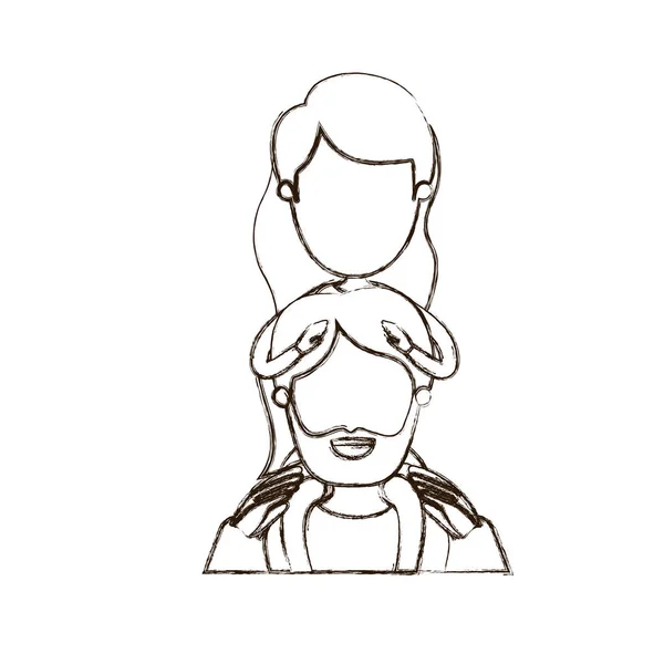 Розмитий тонкий контур карикатури безликий наполовину бородатий батько з дівчиною на спині — стоковий вектор