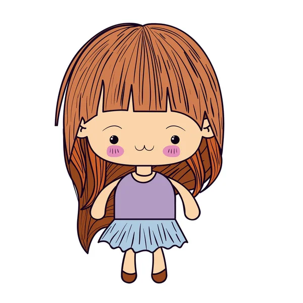 Silueta colorida de niña kawaii con el pelo largo y la expresión facial agotada — Vector de stock