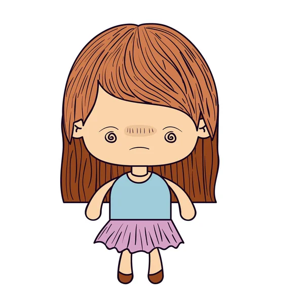 Silueta colorida de niña kawaii con pelo liso y expresión facial aburrida — Archivo Imágenes Vectoriales
