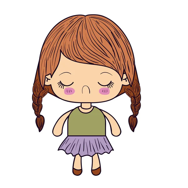 Silueta colorida de niña kawaii con cabello trenzado y expresión facial asco — Vector de stock