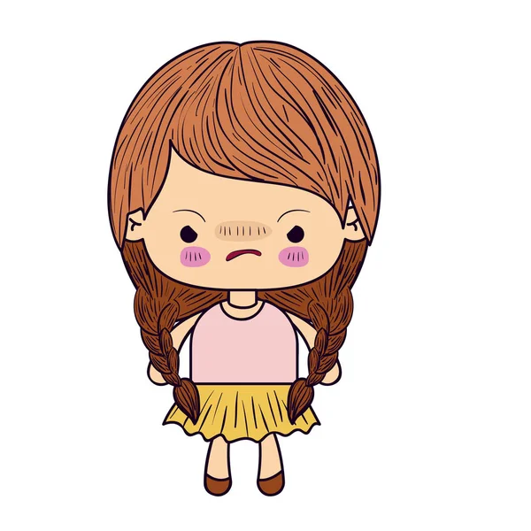 Silhouette colorata della bambina kawaii con capelli intrecciati ed espressione facciale arrabbiata — Vettoriale Stock