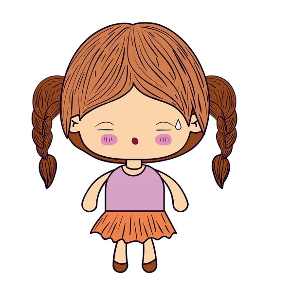 Silueta colorida de niña kawaii con cabello trenzado y expresión facial cansada — Vector de stock
