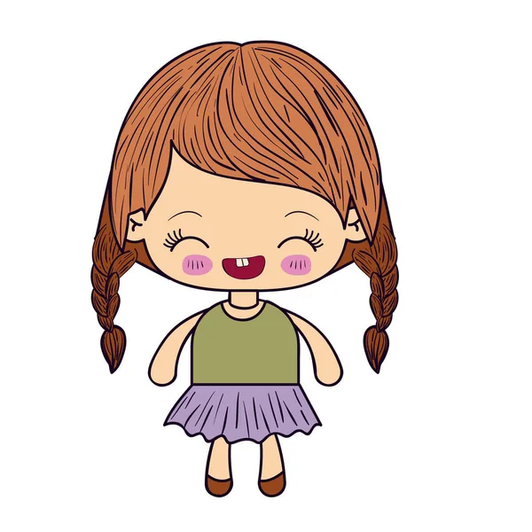 Silueta colorida de niña kawaii con cabello trenzado y expresión facial riendo — Vector de stock