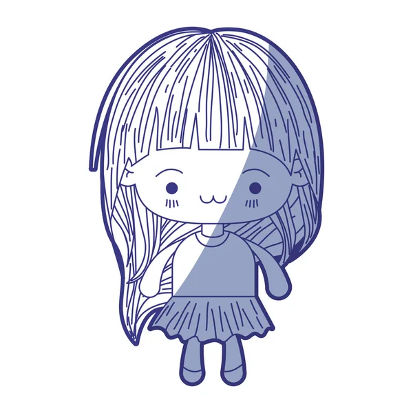 Silueta de sombreado azul de niña kawaii con pelo largo y expresión facial agotada — Archivo Imágenes Vectoriales