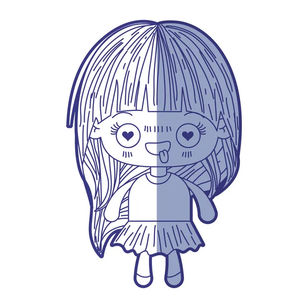 Silueta de sombreado azul de niña kawaii con pelo largo y expresión facial enamorada — Vector de stock