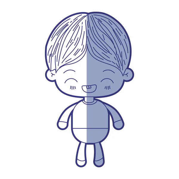 Bleu ombre silhouette de kawaii petit garçon avec expression faciale rire — Image vectorielle