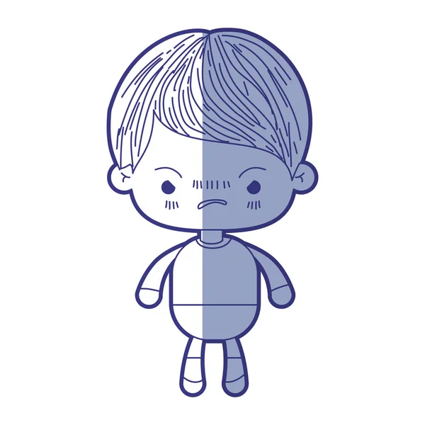 Silueta de sombreado azul de niño kawaii con expresión facial enojado — Archivo Imágenes Vectoriales
