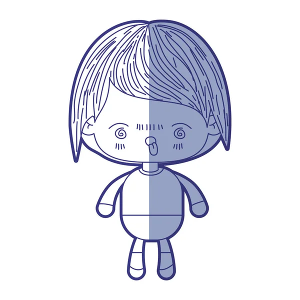 Blauwe arcering silhouet van kawaii kleine jongen met gezichtsuitdrukking woedend — Stockvector